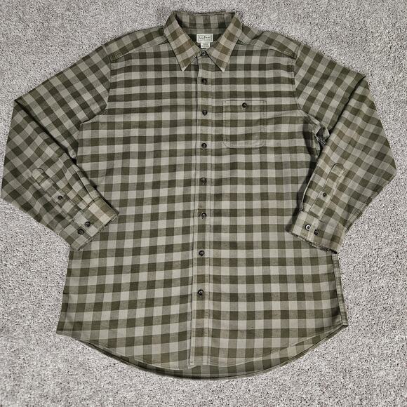 L.L. Bean Flannel Shirt Mens Large Tall LT Green Check Plaid Button Up Work - Picture 1 of 12